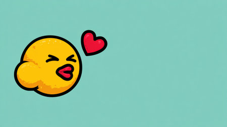 A chibi-emoji with a joyful expression blows a heart-shaped cloud against a vibrant backdrop, perfect for ad placement.の素材