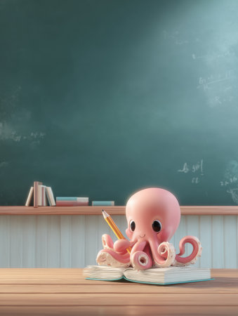 A small octopus holds a pencil while sitting on an open notebook, surrounded by a tidy classroom atmosphere.の素材