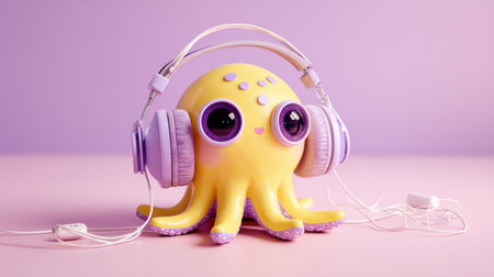 A joyful octopus is holding headphones in a wide pastel tone space, creating a fun and inviting atmosphere for kids music promotions.の素材