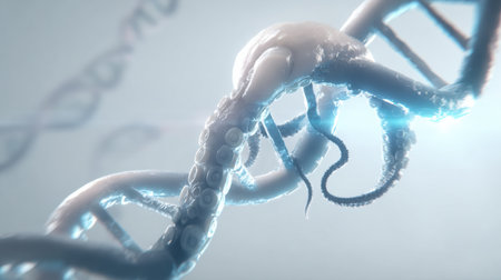 Tentacles wrap around a medical DNA helix in a clean lab setting, highlighting a blend of biology and biotechnology.の素材