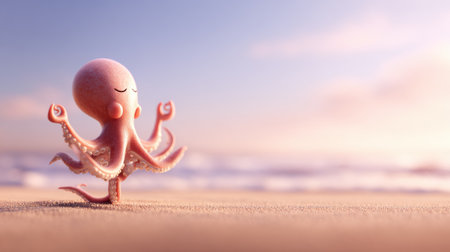 A cartoon-style octopus practices yoga on a sandy beach at sunrise, creating a tranquil and peaceful atmosphere in soft pastel colors.の素材