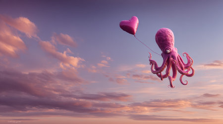 A cheerful octopus holds a heart-shaped balloon against a vibrant sky, creating a whimsical scene filled with joy and wonder.の素材