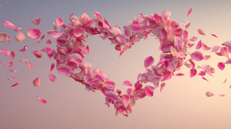 A heart shape formed from rose petals gently swirls in the air against a soft, pastel backdrop, perfect for a romantic wedding invitation.の素材