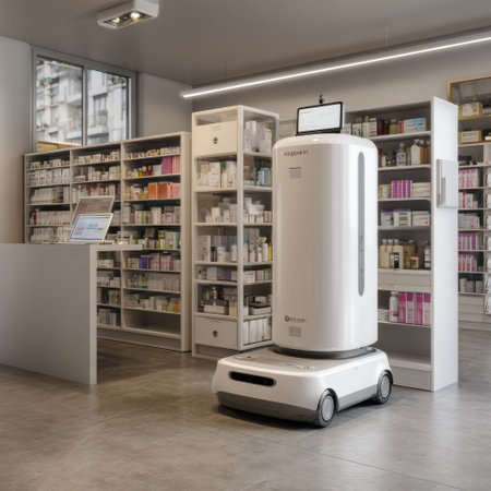 An AI-driven robotic system organizes and delivers medications in a sleek pharmacy within a modern hospital setting.の素材