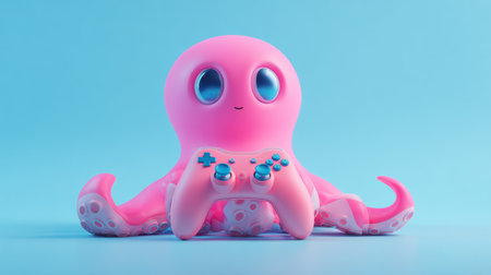 A playful octopus holds a gaming controller, surrounded by a bright, neon pastel background ideal for an esports kids ad.の素材