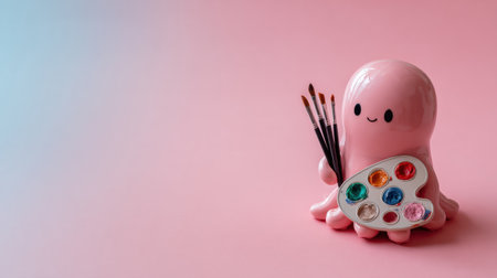A cheerful octopus with a soft pink color holds paintbrushes and a vibrant palette, surrounded by a colorful background that inspires creativity.の素材
