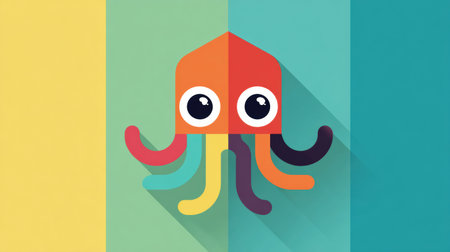 This flat geometric octopus features bold shapes and colors, perfect for adding a modern touch to any space or art collection.の素材