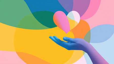 A friendly heart spark floats above an open hand, symbolizing gratitude against a clean, colorful gradient backdrop in a corporate design.の素材