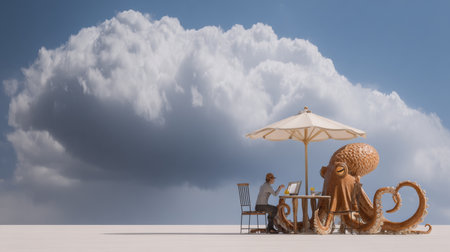 An octopus playfully steals fries from a seaside restaurant while a surprised diner looks on under a clear blue sky.の素材