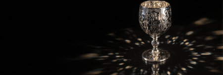 Precision-crafted wine glass stands out on a sleek black surface, glowing softly in ambient light, showing fine craftsmanship and design.の素材