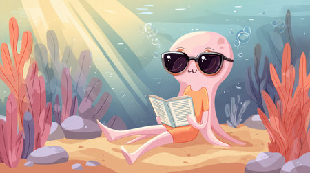 A cartoon octopus sits peacefully on the ocean floor, wearing sunglasses and reading a book, surrounded by colorful underwater plants and bubbles.の素材