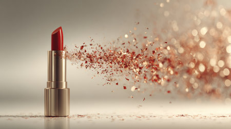 Lipstick tube releases vibrant particles, creating a visually stunning effect ideal for captivating viewers in a makeup commercial or advertisementの素材