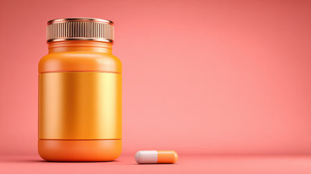 A slimming supplement bottle is displayed next to a belly pinch on a gently colored pink background, promoting weight loss ideas and products.の素材