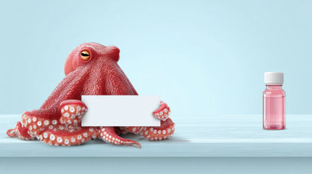 A realistic octopus is seen holding a pill bottle next to a blank area intended for pharmacy-related text in a clean environment.の素材
