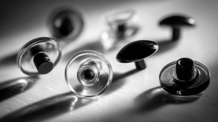 Suction cups are arranged artistically, showing their unique shapes and rich shadows in a low-light setting, creating a dramatic effect.の素材