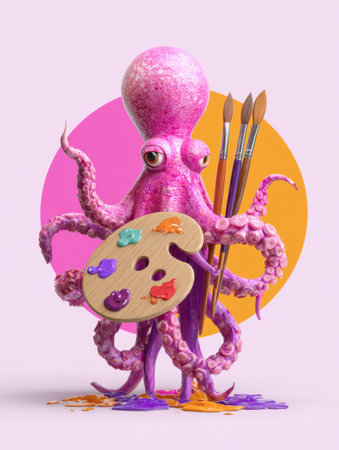 Colorful octopus holds a paintbrush and palette, set against a soft background with a vibrant circular design. Perfect for art promotion.の素材
