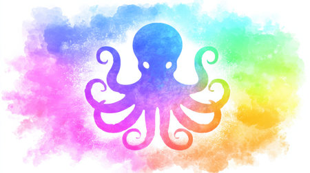 A colorful ink cloud stretches behind an octopus silhouette, creating an eye-catching display of vibrant hues and artistic expression.の素材