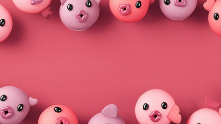 Glossy 3D clay emojis blowing kisses create a playful layout, leaving space for engaging copy and vibrant visuals suitable for various uses.の素材