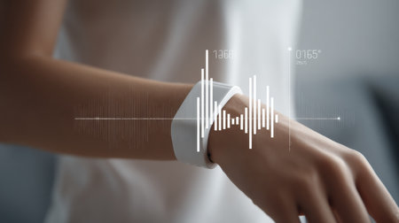 A detailed view of a smart wearable health tracker on a wrist displays health metrics with a sleek digital overlay, highlighting its modern design.の素材