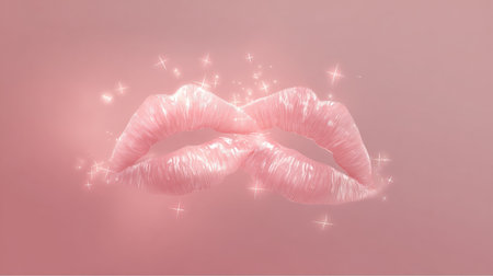 Glowing kiss particles emerge from fingertips, blending softly with blush pastel tones in an airy blank space, evoking a dreamlike atmosphere.の素材