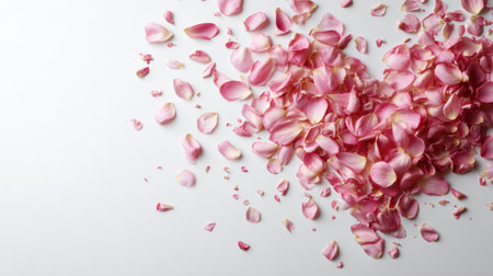 Delicate rose petals arranged in a heart shape with a soft background, perfect for adding wedding invitation text or messages.の素材