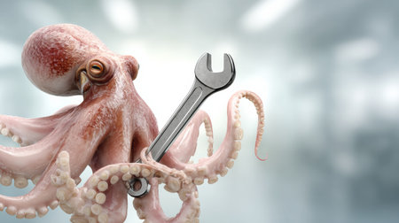 Octopus actively holding a wrench, symbolizing a unique repair service in a blurred industrial environment, showcasing creativity.の素材