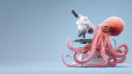 Octopus interacts with a microscope in a clean lab space, symbolizing innovative science research and exploration.の素材