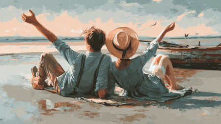 Loving couple sits on a blanket by the shore, delighting in the sunset and each others presence on a serene beachの素材