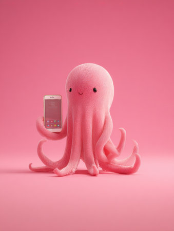 A cute octopus character playfully holds a smartphone against a pastel background showcasing a cheerful tech vibe in a fun design.の素材