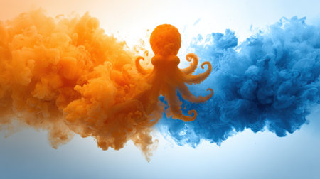 An octopus silhouette is centered amidst expanding rainbow ink clouds, blending vibrant colors of blue and orange in a dynamic scene.の素材