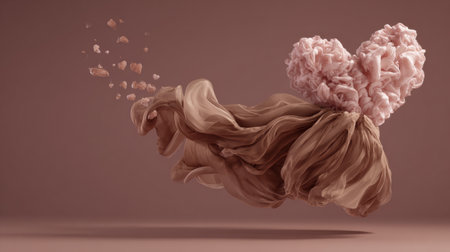 Silky fabric billows gracefully, forming a heart shape that releases a soft mist, enhancing the romantic atmosphere in a spacious editorial space.の素材