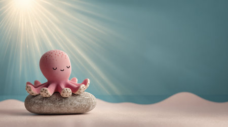 A kawaii octopus sits contently on a rock, enjoying gentle sunlight against a pastel sea backdrop, creating a serene scene.の素材