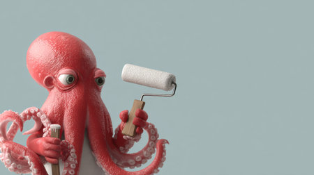 A colorful octopus mascot holds a paint roller, ready for home renovation. The soft background adds a friendly touch to the advertisement.の素材
