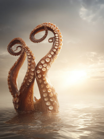 A majestic giant octopus tentacle emerges from deep water during sunrise, enhancing the tranquil atmosphere with its elegant form.の素材