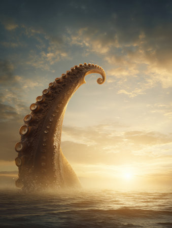 A giant octopus tentacle emerges from the depths of the ocean at sunrise, creating a calm and cinematic atmosphere with negative space.の素材