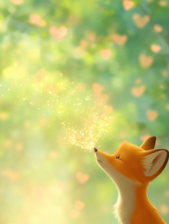 A cartoon fox blows sparkling dust shaped like kisses in a warm forest, surrounded by soft pastel colors and ample open background space.の素材