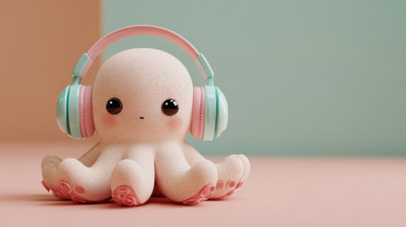 A playful octopus sits with oversized headphones, surrounded by soft pastel colors, bringing joy and fun to children with music.の素材