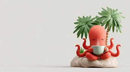 Octopus character relaxes on a rock while sipping herbal tea under palm leaves, creating a serene wellness atmosphere.の素材