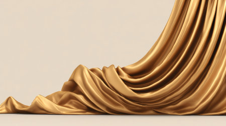 Luxurious golden silk fabric forms a graceful wave, offering a sophisticated backdrop ideal for branding with spacious areas for logos.の素材