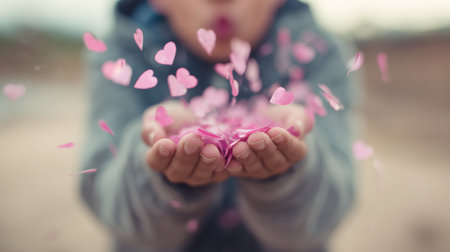 Close-up of hands blowing heart-shaped confetti, creating a playful scene filled with love and joy, set against a soft, neutral backdrop.の素材