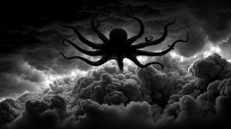 A striking silhouette of an octopus emerges against a backdrop of dark ink clouds, creating a dramatic scene that captivates attention.の素材