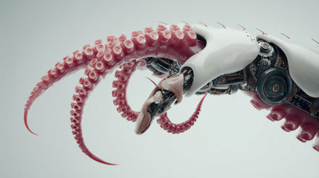 Innovative prosthetic tentacle finger attachment showcases advanced technology in a blank white setting, emphasizing medical innovation.の素材