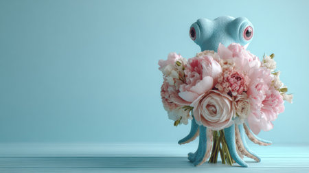 A charming octopus clutches a vibrant bouquet of flowers, set against a soft pastel background, creating a romantic and playful atmosphere.の素材