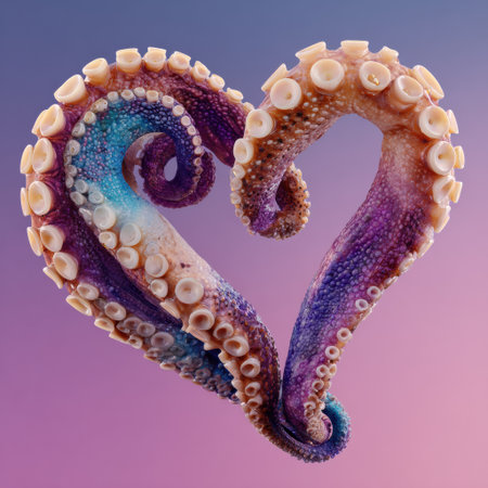 Octopus tentacles gracefully twist together to form a heart shape underwater, surrounded by soft pastel colors and a romantic vibe.の素材