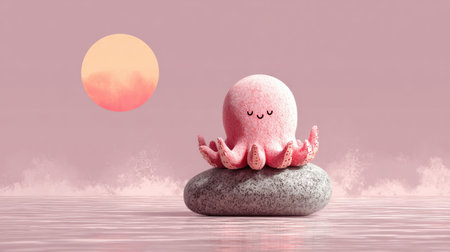 A kawaii octopus relaxes on a smooth rock while bathed in soft sunlight, surrounded by a pastel sea and a wide blank sky.の素材