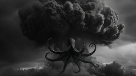A striking display shows a dark ink cloud exploding behind the silhouette of an octopus, creating a unique art marketing vibe.の素材