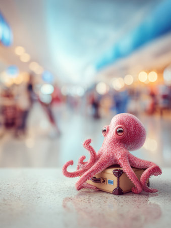 A creative octopus stands next to a small suitcase at a bustling airport, reflecting a whimsical travel theme in a blurred background.の素材