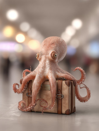 An octopus clutches a suitcase in a busy airport, illustrating a whimsical take on travel and adventure in a bustling setting.の素材