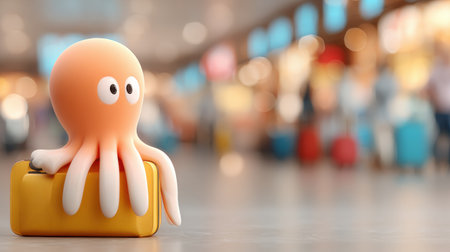 A colorful octopus sits on a yellow suitcase in an airport, surrounded by travelers and a blurred background, ready for an exciting journey.の素材