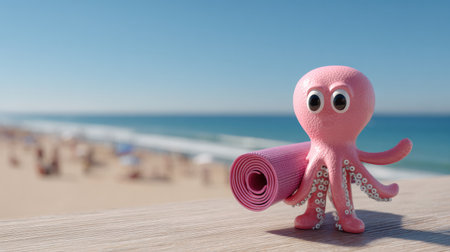 A cheerful octopus holds a yoga mat while standing by the beach, ready for a fitness session under the bright sun and clear sky.の素材